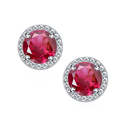 18K White Gold Plated Halo Round Cut Ruby Stud Earrings