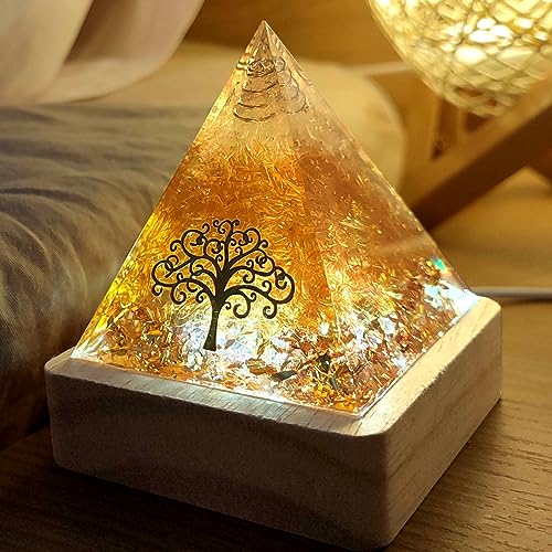 Citrine Meditation Pyramid with Light Base for Abundance, Good Luck, Wealth& Success